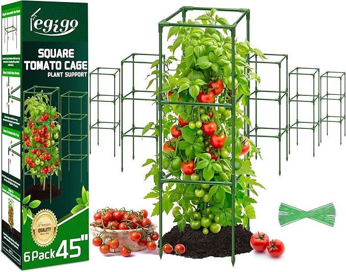 Legigo 6 Pack Square Tomato Cages for Garden- Up to 45 Inch Tomato Trellis Plant Cages Support, Tomato Stakes and Supports Cage for Climbing Vegetables Raised Garden Bed Cucumbers Peppers Flowers Legigo