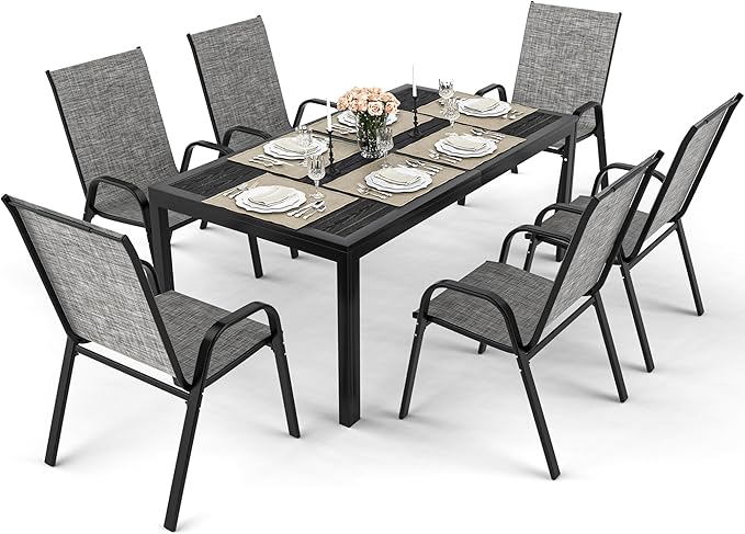 Pamapic Outdoor Dining Sets for 6, Rectangular Steel Slat Table with 6 Textilene Chairs, 7 Piece Patio Table and Chairs Set with Umbrella Hole for Patio, Garden, Backyard and Poolside (Grey) Pamapic