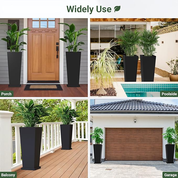 Tall Planters 30" H - 2 Pack, Tapered Pots with Drainage Insert Shelve & Trays, Metal Outdoor Planter Box for Porch, Garden, Patio, Yard (Black) Toriexon