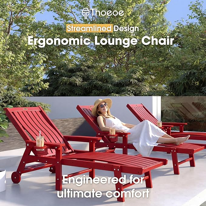 Patio Chaise Lounge Chair, Oversized Lounge Chair Outdoor with 5 Positions, HDPE, Patio Lounge Chair with Wheels & Cup Holder for Pool, Deck, Poolside,Red THOEOE