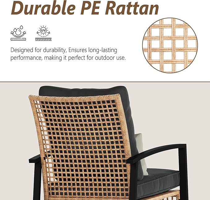 3 Piece Patio Rocking Chairs Set of 2, Outdoor Rocking Chair Bistro Set with Tempered Glass Coffee Table and Thick Lumbar Pillow Set, Front Porch Chairs for Garden, Backyard (Gray Cushion) Rotihom
