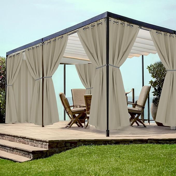 HolidayIdeas Grommet Outdoor Curtains for Patio Waterproof 8 Pcs All Weather Balcony Outside Curtains for Apartments, Gazebo, Pergolas, Porch, 54x84 Inch, Taupe HolidayIdeas