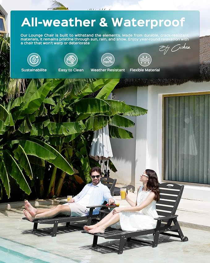 Outdoor Lounge Chair Set of 4, All Weather Patio Chaise Lounge Chair for Outside, HDPE Chair with Rolling Wheels & Cup Holder, 5 Position, Deck, Pool, Black CIOKEA