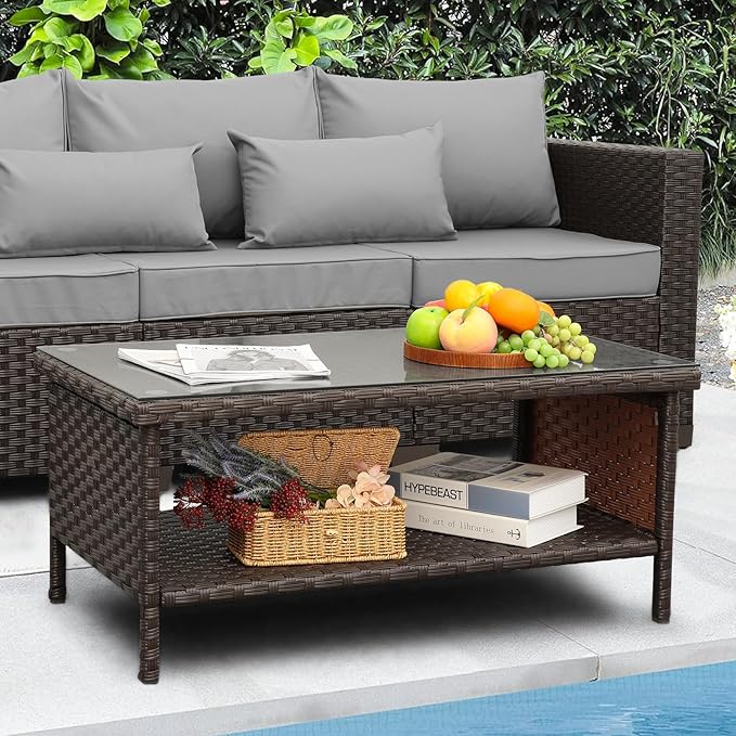 Outdoor Wicker Coffee Table Patio Furniture Garden Rattan 2-Layer Glass Table with Storage and Furniture Cover, Brown Rattaner