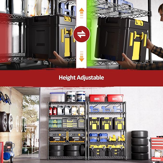 IZEUK 5-Tier Heavy Duty Metal Storage Shelving Unit (Black, 17.7" D x 47.2" W x 72.3" H, 1750 lbs Capacity), Adjustable Steel Wire Rack Shelf Organizer for Garage, Kitchen, Basement, Laundry, Office IZEUK