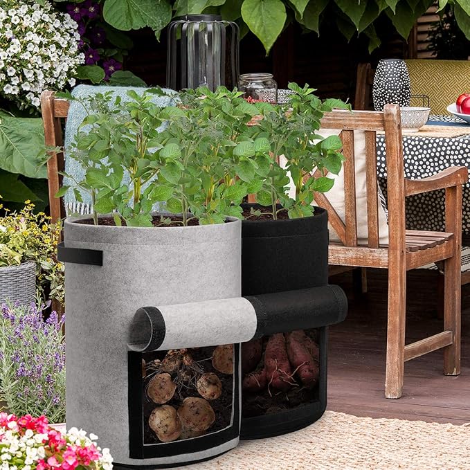 Potato Grow Bags with Flap 10 Gallon, 4 Pack Planter Pot with Handles and Harvest Window for Potato Tomato and Vegetables, Black and Gray Homyhoo