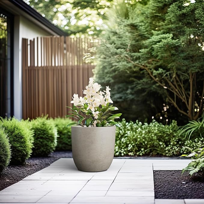Kante 13.4" Dia Round Concrete Planter, Large Outdoor Modern Indoor Decorative Plant Pots with Drainage Hole and Rubber Plug for Home and Garden, Weathered Concrete Kante