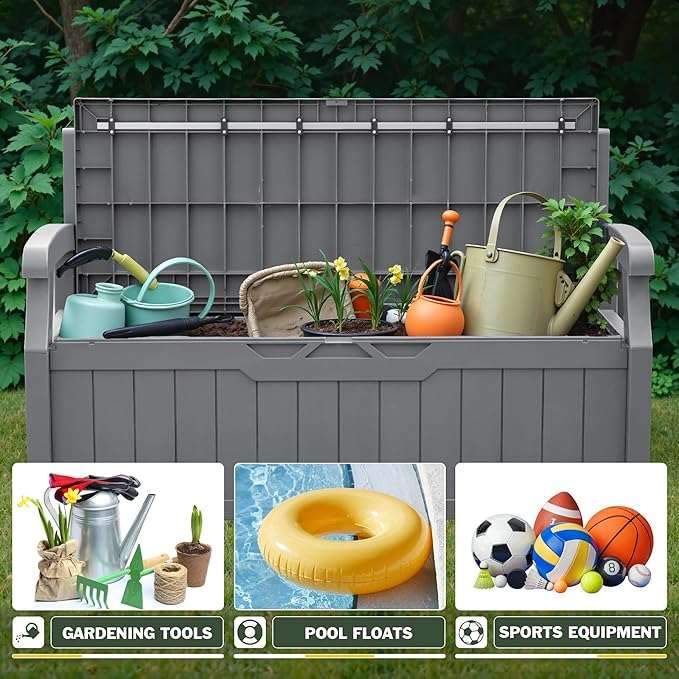 Flamaker 80 Gallon Storage Bench with Cushions Outdoor Indoor, Durable All-Weather Seating with Hidden Storage, Lockable Deck Box for Garden, Patio, Poolside (Grey) Flamaker