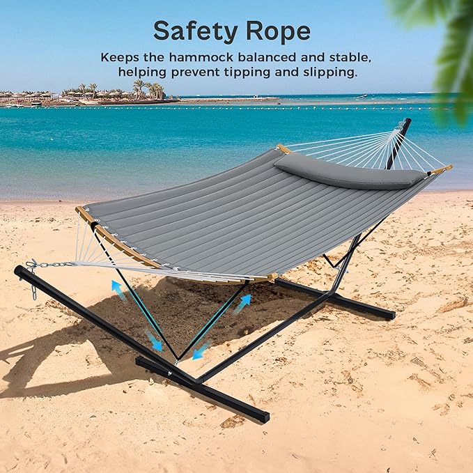 SUPERJARE Hammock with Stand, 2 Person Heavy Duty Hammock Frame, Detachable Pillow & Strong Curved-Bar & Portable Carrying Bag, Perfect for Outdoor & Indoor - Gray SUPERJARE