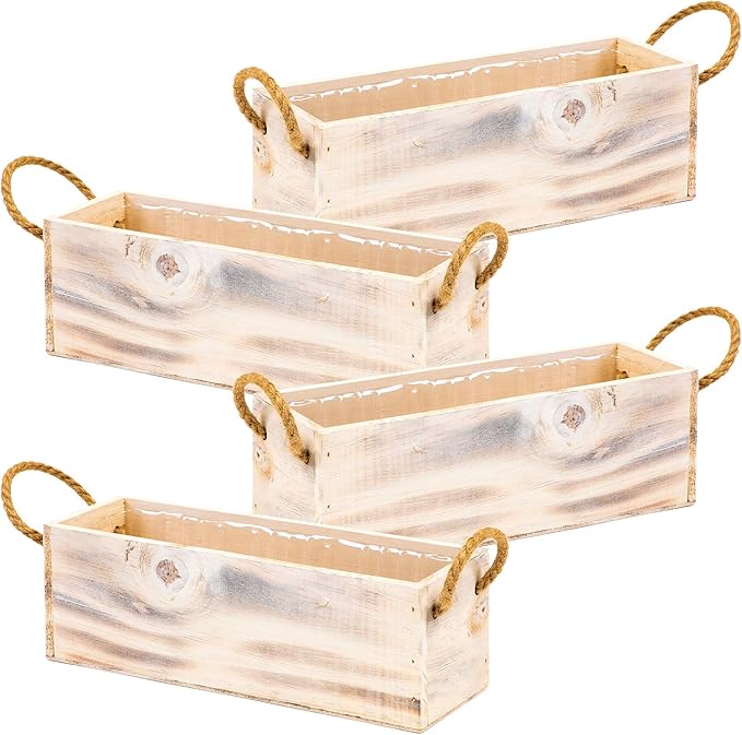 Wooden Planter Box with Handle I Rustic Whitewash I Plastic Liner l Garden Decor l Restaurant and Wedding Decorations l Table Centerpiece (12x4 w Handle Set of 4, Whitewash) Rootora
