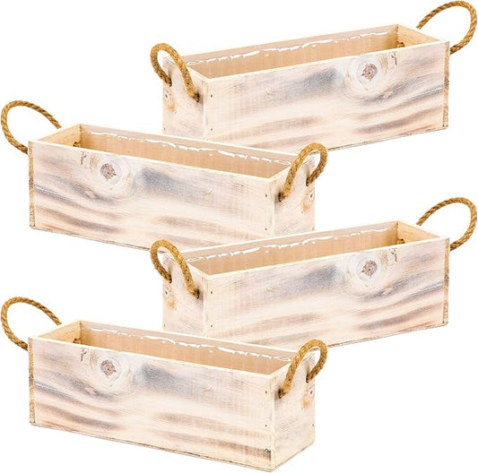 Wooden Planter Box with Handle I Rustic Whitewash I Plastic Liner l Garden Decor l Restaurant and Wedding Decorations l Table Centerpiece (12x4 w Handle Set of 4, Whitewash) Rootora