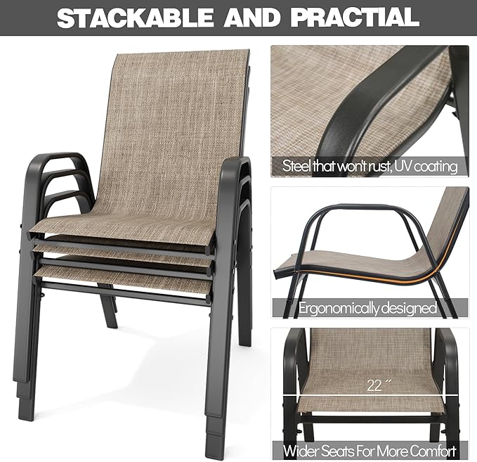 Patio Chairs Set of 4, Stackable Outdoor Dining Chairs for All Weather Textilene Fabric & Metal Frame, Outdoor Chairs Set for Backyard Deck Garden (Brown, Set of 4) Vimstora