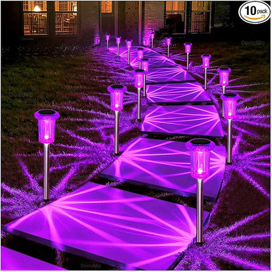 DenicMic Solar Lights Outdoor 10 Pack Waterproof Purple LED Stainless Steel Stake Outside Lights for Yard Pathway Garden Driveway Walkway Landscape Path Lighting Halloween Decorations Outdoor Denicmic