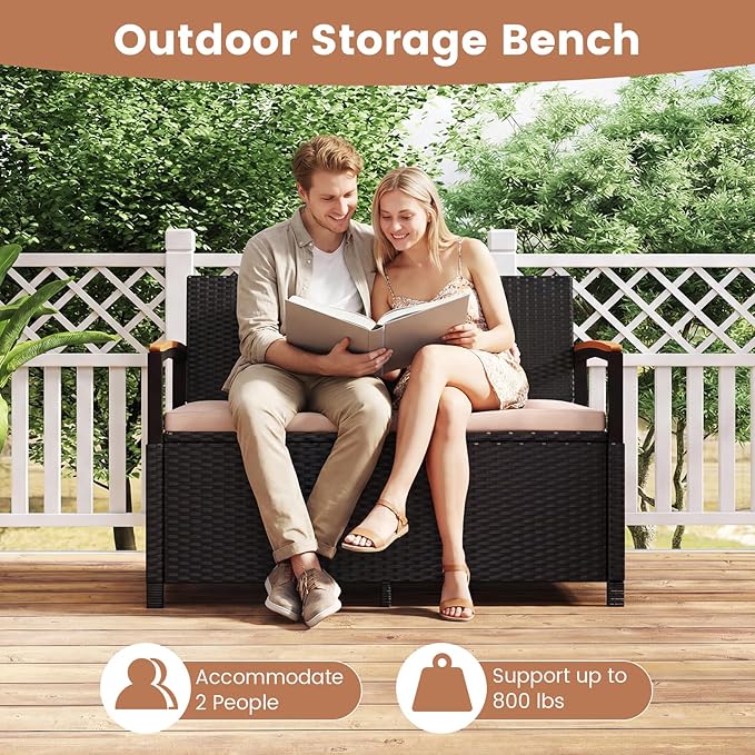 Tangkula 46 Gallon Outdoor Bench with Storage, Outdoor PE Rattan Storage Bench with Cushion, Backrest & Acacia Wood Armrests, Metal Frame, Waterproof Deck Box Seat for Porch Backyard Poolside TANGKULA