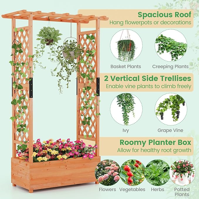 Giantex 2 Pcs Raised Garden Bed with Trellis & Hanging Roof, Wood Planter Box with Bottom & Drainage Holes, Freestanding Garden Planter for Flower Vegetable Fruit Herb Climbing Vines, 43.5"x17.5"x72" Giantex