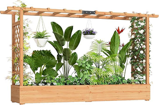 Outsunny Raised Garden Bed with Trellis, Wooden Planter Box with Hanging Roof and Drainage Holes, Outdoor Trellis Planter for Climbing Plants, Vegetables, Herbs and Flowers, 78.7" x 17.3" x 44.7" Outsunny