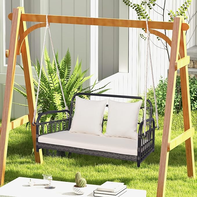 Tangkula Outdoor Wicker Porch Swing, 2-Person Hanging Seat with Seat & Back Cushions, Heavy-Duty Metal Frame & 2 Sturdy Hanging Ropes, Wicker Woven Swing Loveseat for Front Porch TANGKULA