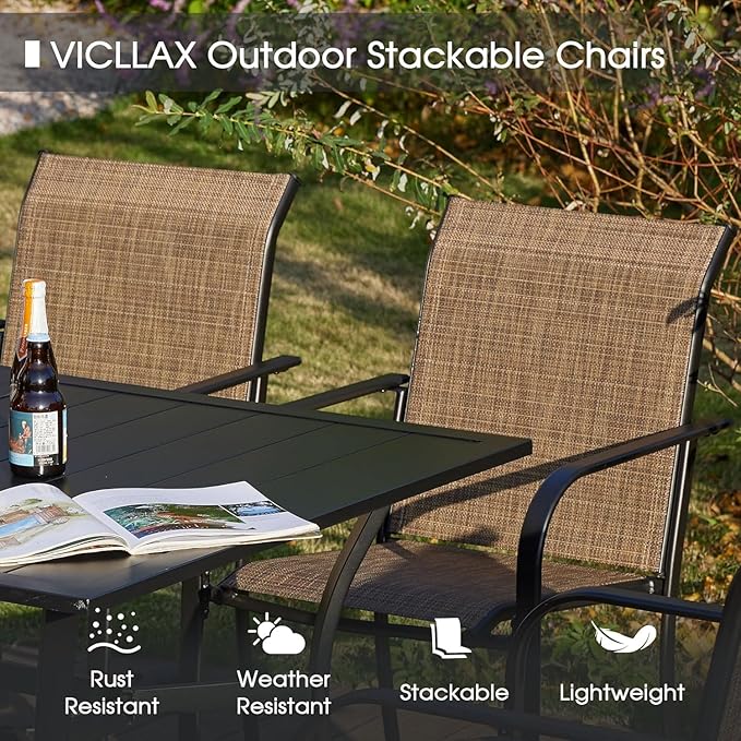 VICLLAX 5 Pieces Patio Dining Set, Outdoor Furniture Set Includes 37.8" Square Outdoor Table and 4 Stackable Patio Sling Chairs, Walnut Tabletop and Brown Fabric HOME