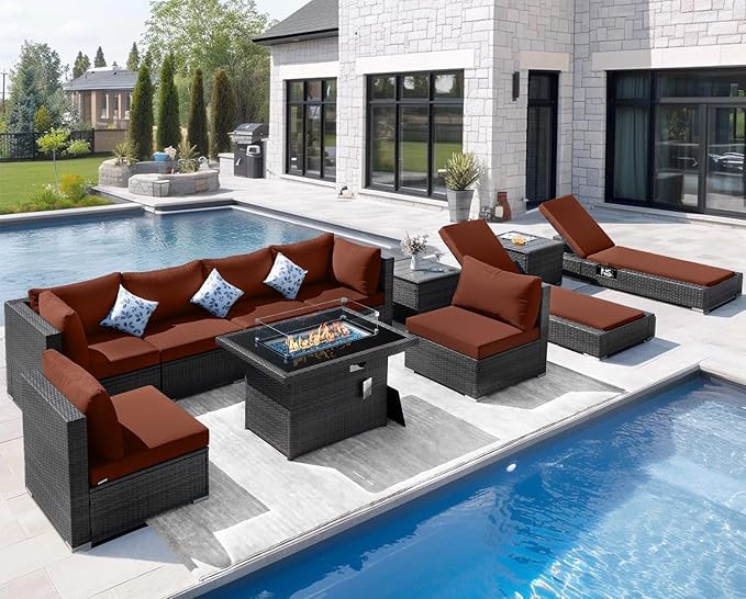 NICESOUL 11 Piece Outdoor Furniture with Fire Pit Propane/Gas, 29.3'' High Back Patio Sectional with Fire Pit & Chaise Lounge, 500 lbs Heavy Duty Large Deep Couches, 2 Color Cushion Burgundy & Gray NICESOUL