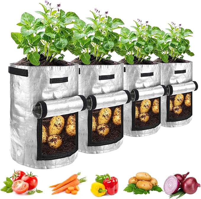 JJGoo Potato Grow Bags, 4 Pack 10 Gallon Potato Planter with Flap and Handles Planter Pots for Onion, Fruits, Tomato, Carrot - Grey JJGoo