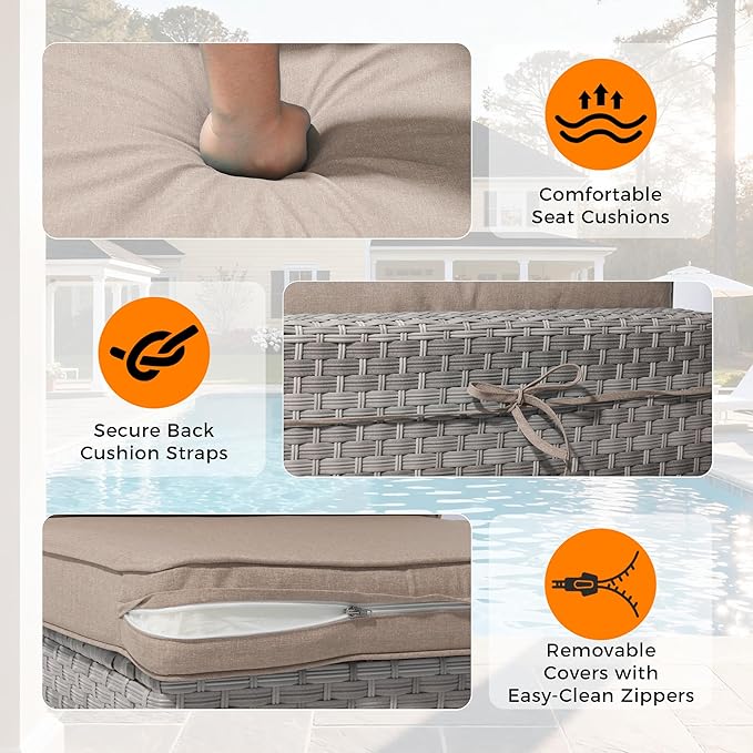 14-Seat Outdoor Wicker Patio Furniture Set with Fire Pit Table, Modular Rattan Sectional Sofa & 2 Swivel Rocking Chairs, 4" Thick Cushions, Rust-Resistant Frame,Beige MASIONBACKYARDS