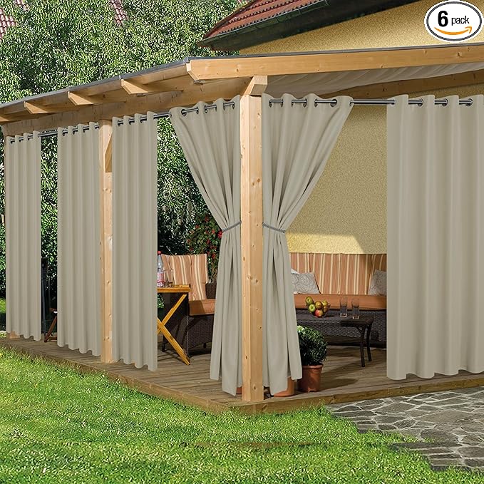 HolidayIdeas Outdoor Curtains for Patio Waterproof, 6 Panels - 54x95 Inches - Weatherproof Privacy Outsides Curtains for Cabana Porch Pergola, Sunlight & UV Blocking (Taupe, Grommet Top) HolidayIdeas