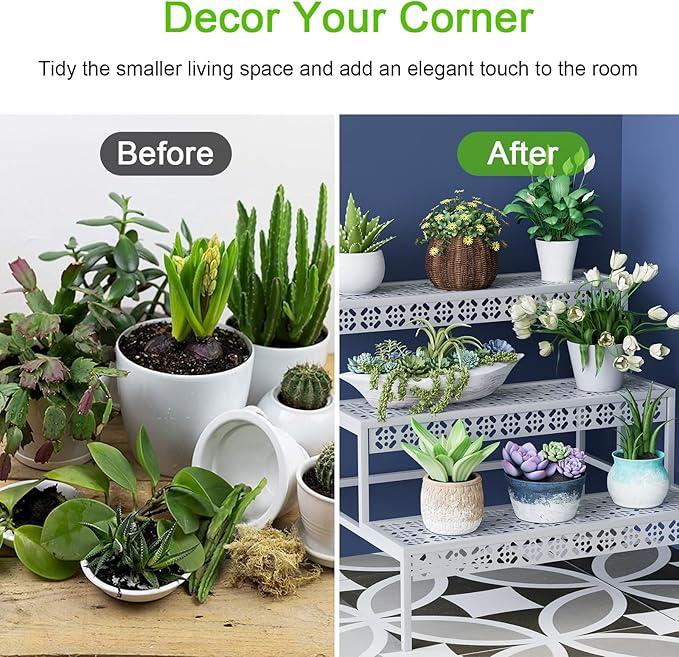Garden 4 you 3 Tiers Metal Plant Stand,Rectangular Ladder Flower Pots Outdoor Plant Rack, Indoor Plant Display Rack, Heavy Duty Utility Storage Organizer for Home Garden Patio Balcony, Stair Style(White) Garden4you