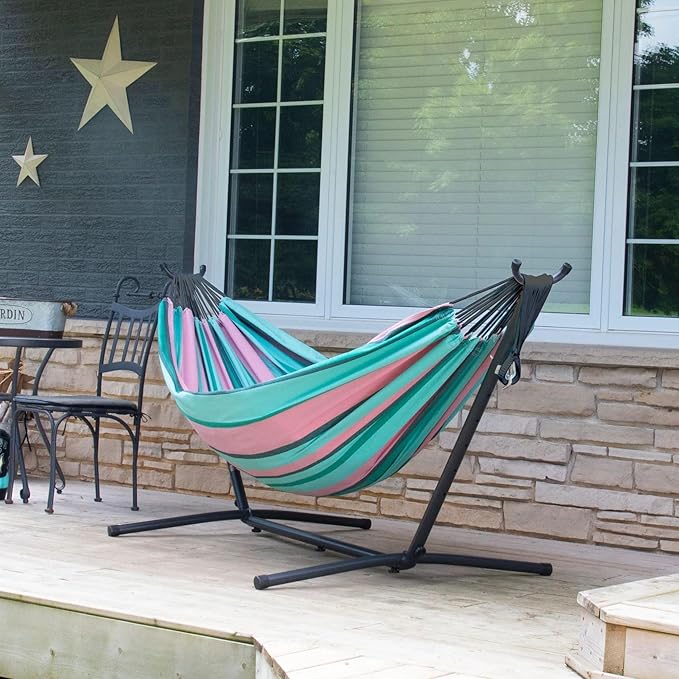 Vivere Double Cotton Hammock with Space Saving Steel Stand, Upgraded Polyester End Strings 450 lb Capacity - Premium Carry Bag Included - USA Grown Cotton (Watermelon) Vivere