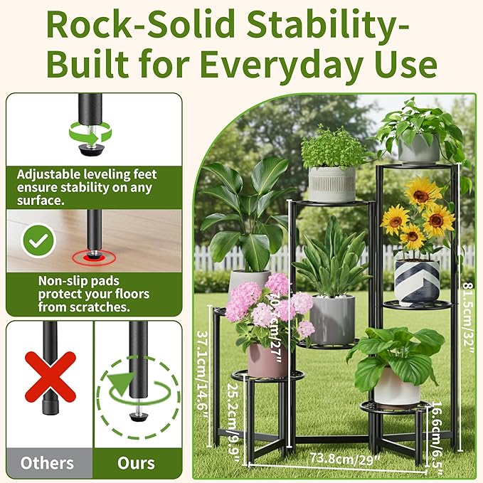 Plant Stand Outdoor,7 Tier Foldable Corner Tall Plant Shelf for Multiple Plants Flower Pot Holder Display Stand for Living Room Balcony Garden Patio -BlackS Rootora