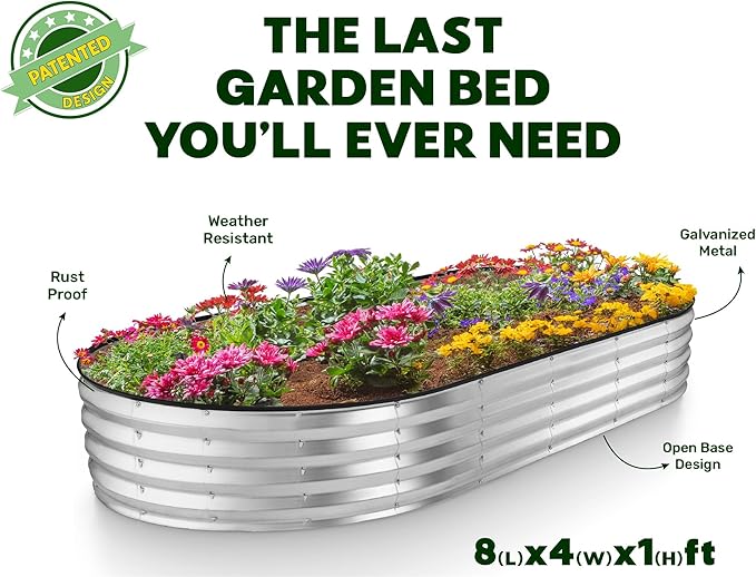 Plant & Plot Galvanized Raised Garden Beds Outdoor // 8×4×1 ft Planter Raised Beds for Gardening, Vegetables, Flowers // Large Metal Garden Box // Patented Tool-Free Design (Silver) PlantPlot