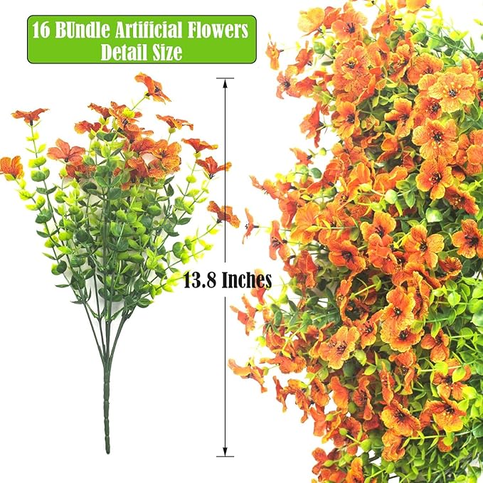 Artificial Fake Flowers for Outdoor Spring Decoration, 16 Bundles Faux Silk Colorful Daisy UV Resistant Realistic for Outside Porch Patio Home Yard Garden Planters Pots Window Box (Orange) Grunyia