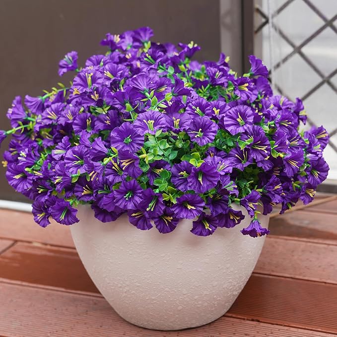 Artificial Flowers for Outdoors, UV Resistant Fake Silk Morning Glory, Realistic Faux Plants for Outside Porch Patio Window Box Hanging Planter (16, Purple) maxkes