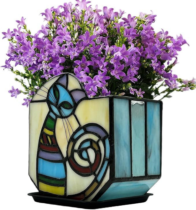 Stained Glass Cat Unique Plant Pot, Indoor Planter with Drainage and Tray,Succulent Plants Flower Pot,Cat Lover Gifts,4.6x3x5.15 in Entlityful