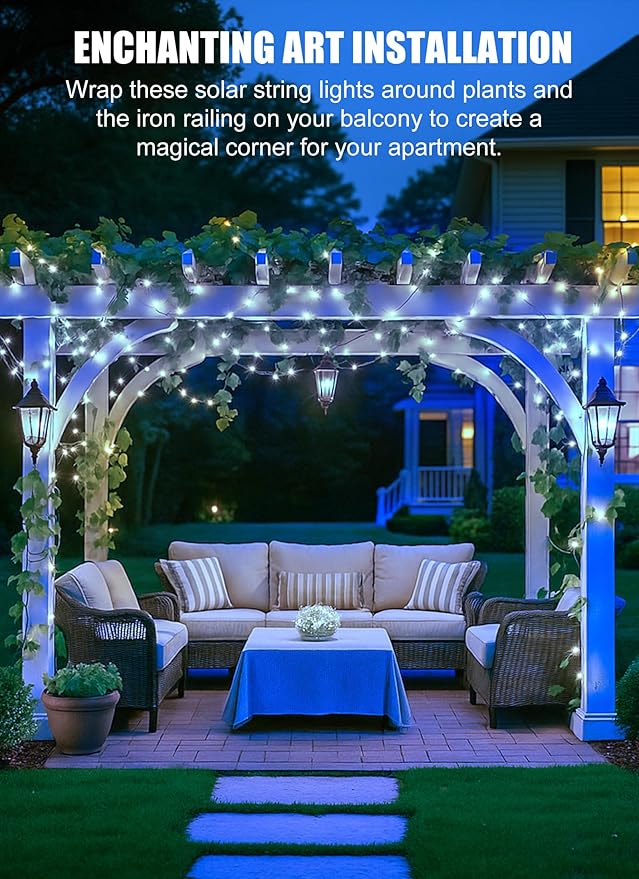 Minetom Solar String Lights for Outside, 33Ft 100 LED Outdoor Solar Fairy Lights, 8 Modes Balcony Lights for Tree Patio Christmas Party Wedding Decor (Pure White) Minetom