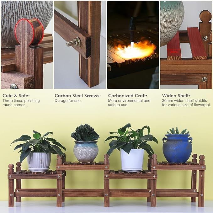Wood Plant Stand Indoor Outdoor,4 Tiers Plant Stand Bench Indoor,Low Window Plant Shelf Small Long Flower Pot Stand for Multiple Plants (11.8"-44'') Jotboom