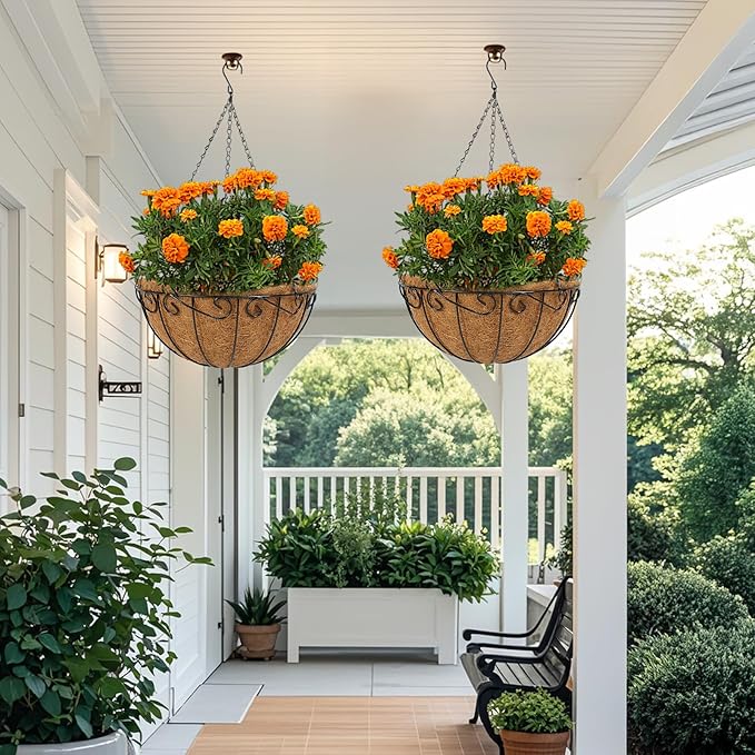 2 Pack 14 inch Metal Hanging Baskets for Plants Outdoor, Hanging Planters Basket with Coco Liners, Hanging Baskets Flower Pots for Garden, Patio, Deck, Porch Plants Dovesail