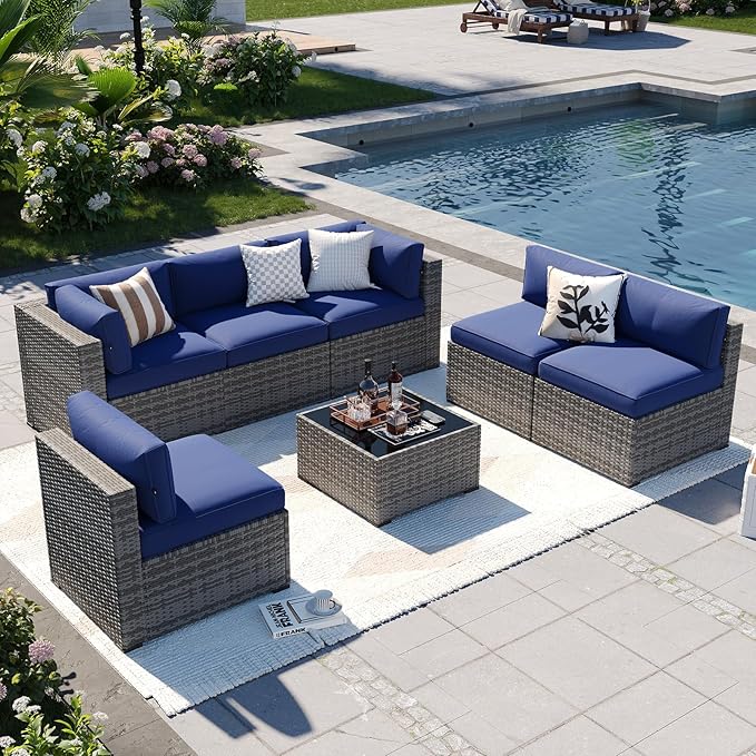 Aoxun Patio Furniture Sets, 7-Piece Outdoor Patio Furniture with Thick Cushions, Wicker Outdoor Conversation Set Sectional Sofa for Backyard, Poolside, Garden Aoxun
