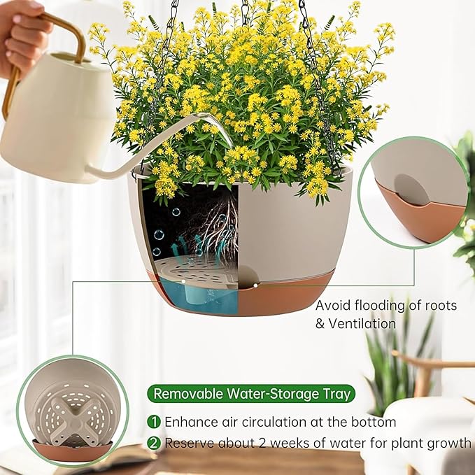 Hanging Planters for Indoor Plants, Set of 2 8/10 Inch Self-Watering Hanging Pots with Drainage Hole & Removable Water-Storage Tray II Screw-in Hooks Rootora