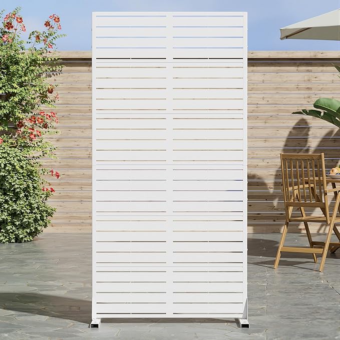 Casaphoria Metal Privacy Screen Outdoor, 72" H x 35" W Freestanding Decorative Privacy Screen for Patio Deck Balcony Garden with Stable Base, White-Louvered Casaphoria