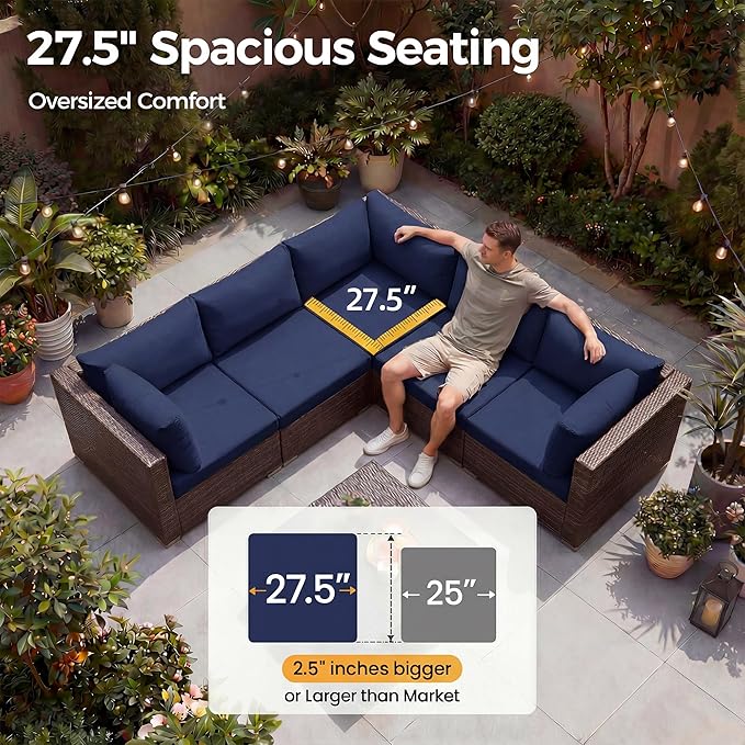 NICESOUL 7 Piece Large Size Patio Sectional Furniture Set with Firepit Propane/Natural Gas, 29.3'' High Back Outdoor Sofa Conversation Couch, Tall Wide Deep Sitting, Brown Rattan and Navy Cushion NICESOUL