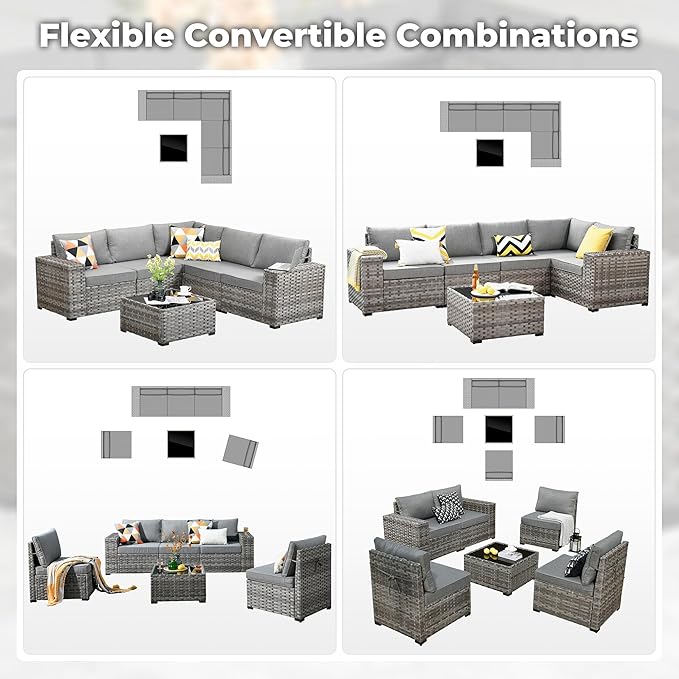 ovios 6 Pieces Patio Furniture Set, Outdoor Wicker Sectional Sofa with Glass Table Comfy Cushions, Modern Modular Deep Seat Couch Rattan Conversation Set, Dark Grey OVIOS