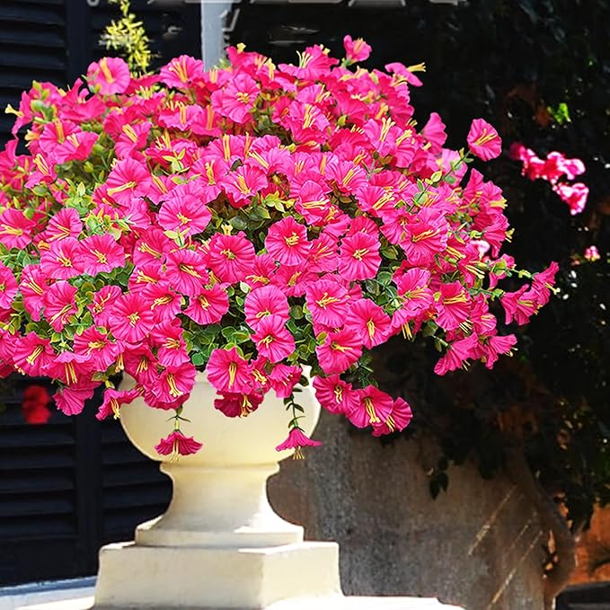 Artificial Flowers for Outdoors, UV Resistant Fake Silk Morning Glory, Realistic Faux Plants for Outside Porch Patio Window Box Hanging Planter (16, Hot Pink) maxkes
