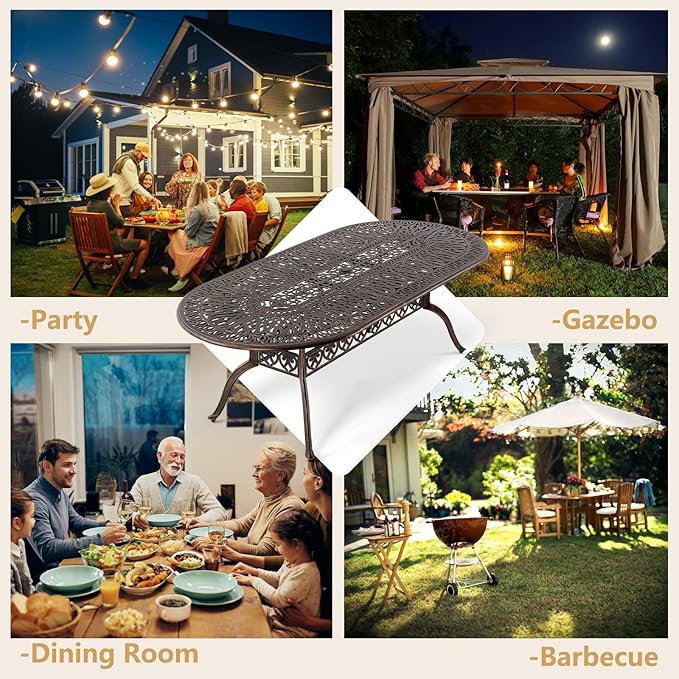 Outdoor Patio Dining Table - All-Weather Cast Aluminum 87" x 28.5“ Oval Patio Table with 2" Umbrella Hole for Balcony Lawn Garden Backyard Attliahome