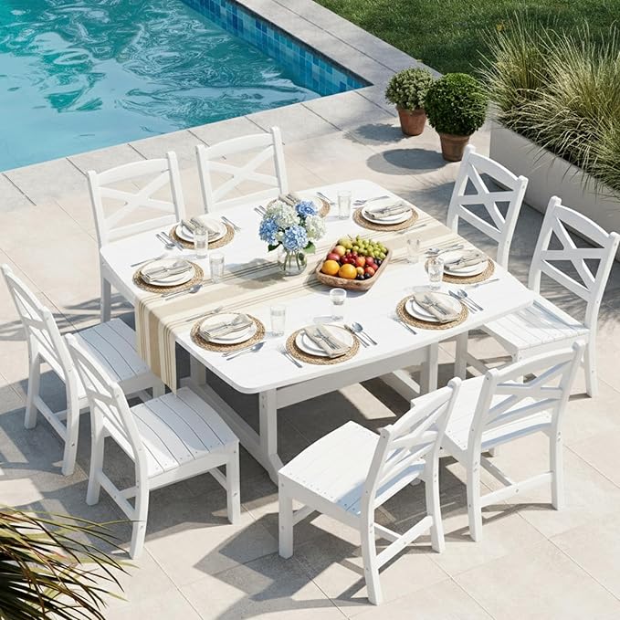Outdoor Dining Set, HDPE 9-Piece Patio Table and Chairs Set, All-Weather Outdoor Dining Table Set for 8 with Umbrella Hole, Durable Patio Furniture Set with Chairs,White Rootora