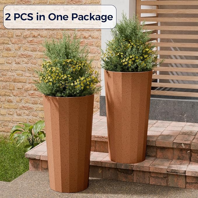 23.6" Tall Outdoor Planters Set of 2, Large Planters for Outdoor Plants for Porch Decor with Drainage Hole, Wide Stripe Design Porch Flower Pots for Indoor Pot Patio/Garden, Terracotta Outdoorchairs