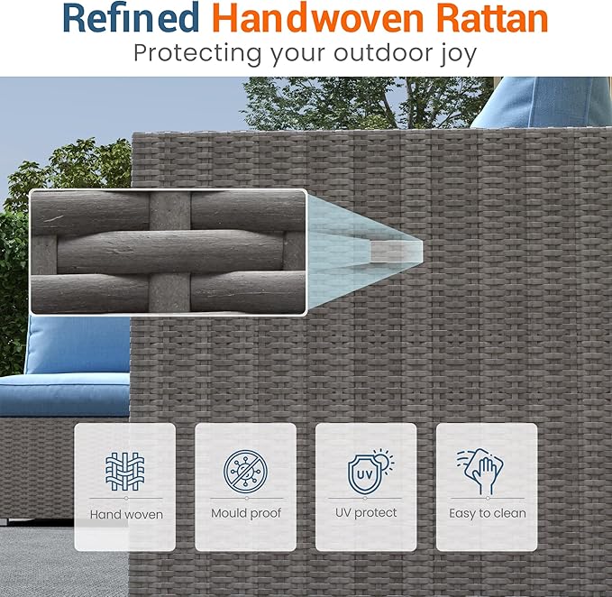 Wisteria Lane Patio Furniture Set for All Wheather, 9 Pieces Wicker Outdoor Furniture Set with Washable Cushions & Fire Pit Table, Oversized Outdoor Sectional for Garden, Poolside, Backyard, Blue WisteriaLane