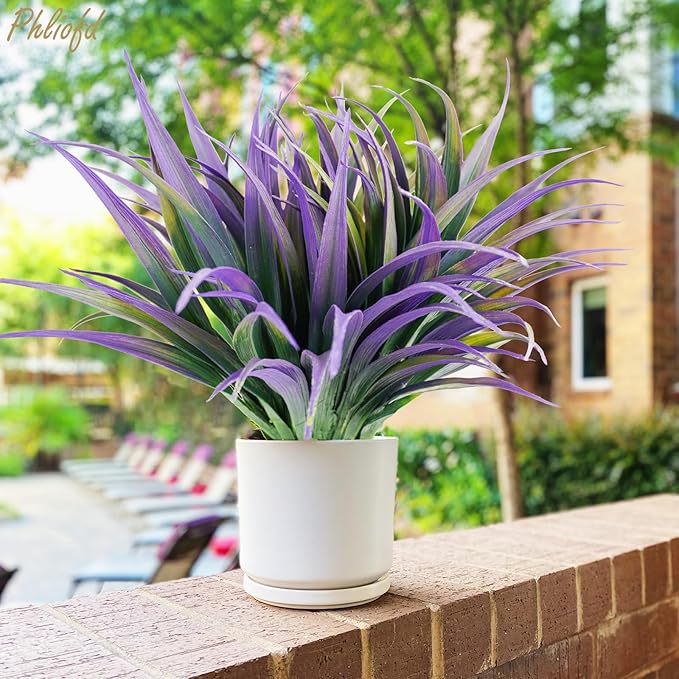 32Pcs Artificial Grass Fake Plants 17.3in Outdoor Plants UV Resistant Faux Greenery Stems Fake Grass for Home Window Garden Office Patio Pathway Front Porch Halloween Décor Green & Purple Phliofd