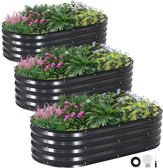 INNO STAGE 3Pcs Galvanized Raised Garden Bed Kit, Outdoor Metal Raised Garden Beds for Vegetables, Rust-Resistant & Easy Assembly, 4x2x1ft Oval Raised beds for Gardening, Flowers, Herbs (CoatedGrey) INNOSTAGE