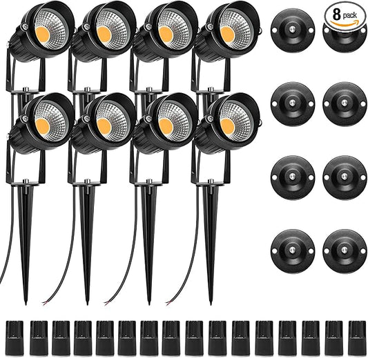 LightingWill 5W Landscape Lighting, Warm White 3000K-3500K, DC 12V LED Low Voltage Landscape Lights, IP65 Waterproof Pathway Lights for Outdoor Garden, Yard, Fence, House, Lawn, Tree, Flags (8 Pack) LightingWill
