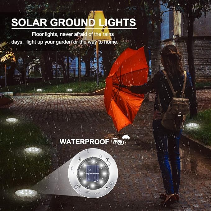 LYHOPE Solar Ground Lights Outdoor, 16 Pack 8 LED Solar Disk Lights Waterproof Garden In-ground Pathway Light Landscape Lighting for Lawn,Yard,Deck,Patio,Walkway (White) LYHOPE